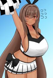 1girls arms_up blush brown_hair cheerleader cheerleader_uniform dark-skinned_female dark_skin female_only goddess_of_victory:_nikke huge_breasts long_hair midriff noir_(nikke) one_eye_closed orange_eyes sideboob simple_background smile thick_thighs wide_hips