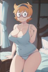 aged_up ai_generated alternative_body_build alternative_bust_size bedroom black_panties blue_eyes covered_navel freckles huge_breasts large_breasts little_witch_academia lotte_yansson orange_hair round_glasses seductive_body seductive_eyes seductive_look seductive_pose seductive_smile seductive_woman smile smiling solo studio_trigger thick_thighs