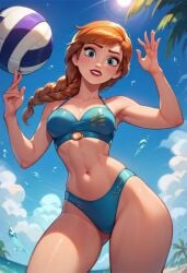 ai_generated anna_(frozen) beach beach_ball bikini disney disney_princess frozen frozen_2