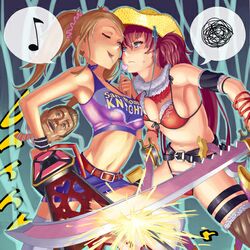 2girls artist_request battle crossover female juliet_starling kagura_(oneechanbara) lollipop_chainsaw multiple_girls nick_carlyle oneechanbara spoken_musical_note