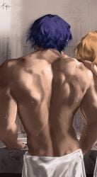 back backview blue_hair dr._ratio_(honkai:_star_rail) honkai:_star_rail male_focus male_only muscular_male topless