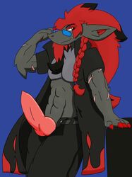 1boy anthro braided_hair claws clothing erection hair johnithanial looking_at_viewer male male_only nintendo penis pokemon pokemon_(species) red_eyes simple_background sol solo video_games zoroark