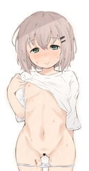 1girls absurdres blush breasts brown_hair censored clothing dripping_pussy female flat_chest green_eyes hair_ornament hairclip heart_censor highres looking_at_viewer navel nekopantsu_(blt) nipples no_bra no_pants panties panty_pull pussy pussy_juice pussy_juice_drip pussy_juice_stain pussy_juice_trail shirt shirt_lift short_hair simple_background small_breasts smile solo solo_female sweat sweatdrop thigh_gap underwear white_background white_panties white_shirt yama_no_susume yukimura_aoi