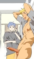 2boys arms_up artist_request big_penis blue_hair blush caught caught_masturbating eona_(artist) erect_penis erection huge_cock large_penis nude nude_male pose posing precum recording skinny young