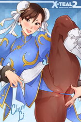 anus between_labia brown_hair capcom chun-li female innie_pussy leg_lift looking_at_viewer pantyhose partially_visible_vulva pussy solo street_fighter wedgie x-teal