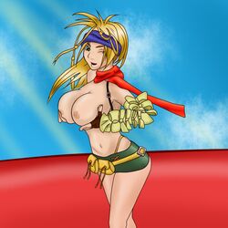 beltskirt big_breasts bikini blonde_hair breast_grab breasts colored epsilon42 female female_only final_fantasy final_fantasy_x final_fantasy_x-2 green_skirt looking_at_viewer medium_breasts miniskirt nipples rikku scarf sideboob smile solo topless wink