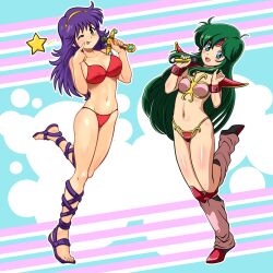 2girls airily_steps athena_(series) ayanokouji_rem bikini blue_eyes breasts crossover dream_hunter_rem green_hair long_hair medium_breasts multiple_girls navel one_eye_closed open_mouth princess_athena purple_eyes purple_hair red_bikini sandals small_breasts smile snk swimsuit tongue tongue_out wink