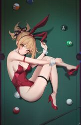 alternate_costume animal_ears arm_strap ball bare_shoulders billiard_ball black_thighband blonde_female blonde_hair blonde_hair_female breasts bunny_ears bunny_tail collar covered_navel cue_stick detached_collar eyebrows_visible_through_hair fake_animal_ears feint721 feintheart721 female fetal_position genshin_impact hair_ornament hairband high_heels highleg highleg_leotard laying_down laying_on_side legs leotard long_hair looking_at_viewer lying medium_breasts nail_polish on_side on_table orange_eyes parted_lips playboy_bunny ponytail pool_table rabbit_ears red_bunny_ears red_footwear red_hairband red_high_heels red_leotard shoe_dangle short_ponytail solo strapless strapless_leotard table thigh_strap thighband thighs white_collar white_wrist_cuffs wrist_cuffs yoimiya_(genshin_impact)