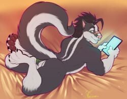 anthro ass bedroom_eyes claws feet looking_at_viewer looking_back looking_back_at_viewer lying male male_only mammal marlon.cores mephitid narrowed_eyes nude on_front pinup pose raised_tail seductive skunk solo stripes tablet tail