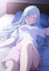 1girls ai_generated bedroom blue_eyes blue_hair blush blush bottomwear breasts breasts clothed clothed_female clothing female female_focus female_only fully_clothed high_resolution highres hinomori_shizuku idol laying_down laying_on_back laying_on_bed legs light_blue_eyes light_blue_hair looking_at_viewer medium_breasts on_back on_bed pillow pov project_sekai shirt shorts solo solo_female solo_focus thighs topwear