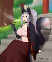 big_breasts dress dressed fox_ears fox_girl fox_tail green_eyes grey_hair huge_breasts kimono no_nude pipe simple-phobiaxd smoking smoking_pipe tagme temple temple_dress