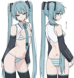 armwear ass bikini blue_and_white_striped_bikini blue_and_white_striped_panties blue_eyes blue_hair blue_nail_polish blue_nails blush caststation collared_bikini hair_accessory hatsune_miku hatsune_miku_(collared_bikini) long_hair looking_at_viewer meme_attire painted_nails small_breasts small_waist solo_female solo_focus stockings thighhighs tie tie_between_breasts twintails vocaloid zettai_ryouiki