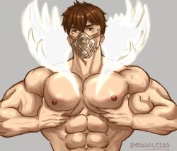 1boy 2024 abs bara big_chest brown_hair eikþyrnir_(fire_emblem) fire_emblem fire_emblem_heroes grabbing_own_pecs green_eyes hi_res large_pectorals looking_at_viewer male male_only mask masked mouth_mask muscular muscular_arms muscular_male nintendo nipples no_visible_genitalia pecs pectoral_squeeze pectorals simple_background smdoodles03 smooth_skin solo squeezing_pecs touching_self twitter_username upper_body veins veiny_arms veiny_biceps