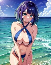 ai_generated beach big_breasts blue_hair curvaceous curvy_female green_eyes huge_breasts imosaku4 kurokawa_akane large_breasts light-skinned_female light_skin looking_at_viewer medium_hair oshi_no_ko seas seaside sling_bikini slingshot_swimsuit smiling swimsuit voluptuous voluptuous_female