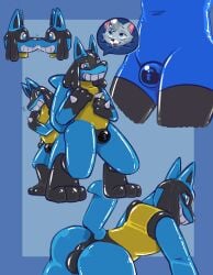 anthro duo felid feline generation_4_pokemon hi_res himuic-tmill latex lucario lynx male male/male mammal nintendo null_bulge pokemon pokemon_(species)