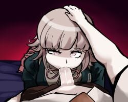 1boy black_jacket blunt_bangs brown_hair brown_pants brown_skirt collared_shirt danganronpa_(series) danganronpa_2:_goodbye_despair fellatio female flipped_hair gradient_background green_jacket hand_on_another's_head highres jacket medium_hair nanami_chiaki neck_ribbon open_clothes open_jacket oral pants pink_eyes pink_ribbon pleated_skirt red_background ribbon shirt skirt straight triple_stabber