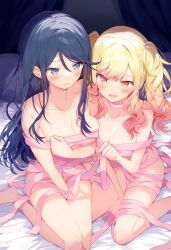 2girls ai_generated bed bedroom big_breasts blush breasts breasts_out cleavage completely_naked_female completely_nude completely_nude_female covered_nipples functionally_nude functionally_nude_female high_resolution highres hoshino_ichika_(project_sekai) lesbian medium_breasts naked on_bed partially_nude project_sekai ribbon ribbon_bondage ribbons tenma_saki tits_out wrapped yuri