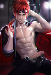 1boy abs cum final_fantasy final_fantasy_vii ginger looking_at_viewer male male_only muscle naughty_face penis red_hair reno sakimichan solo tagme tongue topless uncensored undressing