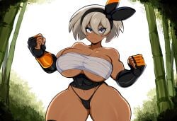 abs ai_generated bea_(pokemon) cameltoe clenched_hands dark-skinned_female dark_skin female huge_breasts mullon novelai pokemon pokemon_ss rpg sarashi solo thick_thighs thong voluptuous