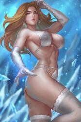 blonde_hair blue_eyes breasts comic comic_cover earrings emma_frost garter_belt garter_straps goblin_collectibles lingerie mad_goblin mad_love_comics_and_art magazine magazine_cover marvel marvel_comics nipple_bulge opera_gloves thong thong_panties white_queen x-men