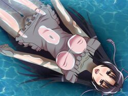 :o apron awa black_eyes black_hair blush breasts censored covered_nipples erect_nipples female floating hair kazehana large_breasts legs long_hair looking_at_viewer mosaic_censoring naked_apron navel open_mouth pool pubic_hair pussy sekirei small_breasts smile solo teeth thighs water wet wet_clothes