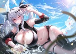 1girls azur_lane belly_button blue_sky breasts car cleaning cleaning_car cleavage clothed clothing detached_sleeves female female_only grey_hair hair_ornament huge_breasts joffre_(azur_lane) joffre_(blessings'_first_flight)_(azur_lane) light-skinned_female light_skin on_car on_vehicle one_eye_closed race_queen red_eye shorts sky solo splashing sponge tansuan_(ensj3875) twintails vehicle vichya_dominion_(azur_lane) water