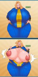 accidental_exposure bbw blonde_female blonde_hair breasts chubby chubby_female exposed_breasts fallout fallout_(series) glasses nipples plump_potato wardrobe_malfunction