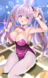 1girls alice_(nikke) alice_(wonderland_bunny)_(nikke) blush breasts bunny_ears bunnysuit cleavage female female_only fully_clothed goddess_of_victory:_nikke open_mouth pink_eyes revealing_clothes sitting thighs tight_clothing twintails upper_teeth white_hair