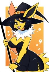 ai_generated anthro black_hair broomstick eeveelution female female_only goth halloween jolteon lipstick nai_diffusion nintendo novelai pokemon pokemon_(species) self_upload weedvee420 witch_hat