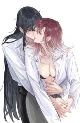 2girls black_hair colored exposed_bra female female_only hugging_from_behind imminent_sex kissing_cheek path_to_nowhere purple_hair rahu_(path_to_nowhere) shalom_(path_to_nowhere) size_difference unbuttoned_shirt wholesome yuri