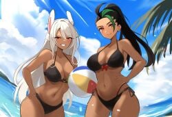 2girls ai_generated beach beach_ball bikini crossover dark-skinned_female dark_skin female female_only human large_breasts mirko miruko mullon multiple_girls my_hero_academia nemona_(pokemon) novelai pokemon pokemon_sv rumi_usagiyama thick_thighs