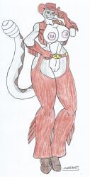 anthro big_breasts big_hips cowboy_pants cowgirl cowgirl_hat cowgirl_outfit dyma_(justathereptile) furry gray_body gray_scales grey_skin looking_at_viewer marlon64 naked_boots naked_female naked_gloves naked_hat naked_jacket rattlesnake snake_girl solo_female traditional_drawing_(artwork) white_background yellow_eyes