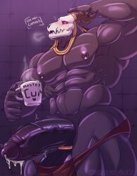 abs anthro balls barazoku beverage biceps big_balls big_muscles big_penis blush blush_lines bodily_fluids bone clothing coffee coffee_cup coffee_mug container cum cum_in_mouth cum_inside cup demon drinking drinking_cum dripping elias_ainsworth erection flexing flexing_bicep foreskin genital_fluids genitals glans hand_on_hip hi_res high_resolution highres horn humanoid_genitalia humanoid_penis inayurinko looking_at_viewer male monster muscular muscular_anthro muscular_male muscular_thighs navel nipple_piercing nipples nude pecs penis piercing precum precum_drip presenting presenting_penis raised_arm serratus simple_background skull skull_head solo sweat the_ancient_magus_bride thong triceps underwear vein veiny_muscles veiny_penis