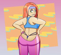1girls absurd_res absurdres ass ass_bigger_than_head ass_focus ass_too_big ass_too_fat ballora ballora_(fnafsl) big_ass big_butt blue_thong blue_top bootylicious colorful colorful_background eyeshadow female female_only five_nights_at_freddy's five_nights_at_freddy's:_sister_location fnaf fnaf_sister_location freckles freckles_on_ass freckles_on_butt freckles_on_face gradient_background green_eyes greying_hair hi_res highres huge_butt jmacaw looking_at_ass looking_at_butt looking_at_own_ass looking_at_own_butt looking_back looking_down middle_aged middle_aged_female milf mole mole_on_cheek mole_under_mouth mrs_afton pattern_background pink_pants pulling_pants_up pulling_up_pants red_hair redhead_milf sweatband thick_ass thick_thighs thong workout_clothes workout_clothing workout_outfit