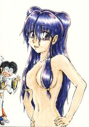 1boy 1girls blue_hair blush breasts convenient_censoring female human long_hair male mousse navel nude open_mouth purple_eyes ranma_1/2 shampoo_(ranma_1/2) simple_background solo_focus violet_eyes wet