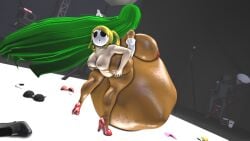 2girls 3d allstarman anal_vore ass belly big_ass big_belly big_breasts blonde_hair breasts female female_pred female_prey green_hair huge_belly mario_(series) mask nipples shy_gal vore