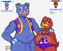 anatid animal_crossing anseriform anthro ass avian bill_(animal_crossing) bird blue_body blue_fur boris_(animal_crossing) bottomless bottomless_anthro bottomless_male brown_body brown_feathers clothed clothing duck duo feathered_wings feathers femboy flaccid fur genitals half-closed_eyes hdhx hi_res humanoid_genitalia humanoid_penis jersey male mammal narrowed_eyes nintendo open_mouth penis simple_background slightly_chubby slightly_chubby_anthro smile suid suina sus_(pig) topwear tusks vest white_background wild_boar winged_arms wings