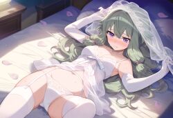 1girls ai_generated ass bed bedroom belly belly_button blush breasts clothed clothing female female_focus female_only green_hair high_resolution highres kusanagi_nene legs lingerie medium_breasts navel on_back on_bed panties project_sekai purple_eyes ribbon solo solo_female solo_focus stockings thighhighs thighs tummy underwear waist wedding_dress wedding_lingerie wedding_veil