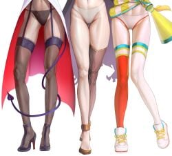 3girls black_cape black_thighhighs cape contrapposto demon_girl demon_tail gluteal_fold gold_footwear gold_trim groin high_heels highres hololive hololive_english lab_coat legs long_legs lower_body megaphone mori_calliope mori_calliope_(1st_costume) multiple_girls navel oozora_subaru oozora_subaru_(1st_costume) panties shiny_skin shirt shoes simple_background single_thighhigh skindentation sneakers solo spicyyrum standing striped_clothes striped_shirt succubus tail tail_around_own_leg thigh_gap thighhighs thighs toe_cleavage torn_cape torn_clothes underwear upskirt virtual_youtuber wardrobe_malfunction white_background white_panties yuzuki_choco yuzuki_choco_(1st_costume)