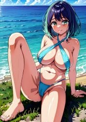 ai_generated bare_legs beach big_breasts blue_hair cameltoe curvaceous curvy_female feet green_eyes huge_breasts imosaku4 kurokawa_akane large_breasts light-skinned_female light_skin looking_at_viewer medium_hair oshi_no_ko sling_bikini slingshot_swimsuit swimsuit thick_thighs thighs toes voluptuous voluptuous_female