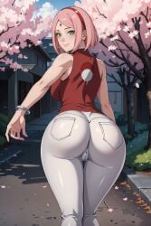 1girls ai_generated aindroidparanoid ass boruto:_naruto_next_generations cameltoe female female_only from_behind green_eyes huge_ass huge_breasts huge_butt human japanese_clothes jeans large_ass large_breasts large_butt narrow_waist naruto naruto_(series) naruto_shippuden outdoors panties pink_hair red_clothing round_ass sakura_haruno showing_ass solo spring stable_diffusion