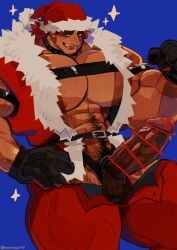 balls bara big_balls big_muscles big_penis blush boner christmas erection gloves harness jacket jacket_open male male_only marototori muscles muscular open_fly penis penis_out santa_hat solo solo_male