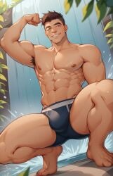 1boy abs ai_generated arm_support arm_up armpit_hair armpits barefoot biceps briefs briefs_only brown_hair bulge cocky craig_cahn dream_daddy:_a_dad_dating_simulator flexing flexing_bicep looking_at_viewer looking_down looking_down_at_viewer low-angle_view male male_only muscular muscular_arms muscular_male muscular_thighs nipples outdoors outside pecs pixel_pleasure pov pov_eye_contact smile smiling_at_viewer solo solo_male squatting topless underwear underwear_only waterfall