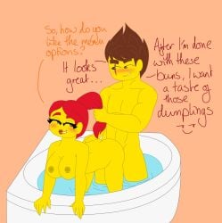 bathing bathtub doggy_style duchess_pixal grabbing_hair hair_grab kai_(ninjago) lego naked ninjago red_hair skylor_(ninjago) tournament_of_elements_(ninjago) yellow_skin