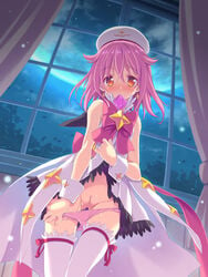 blush character_request coat condom condom_wrapper curtains dress dress_lift earrings female full_moon groin hair hat headgear houkago_no_pleiades jewelry long_hair moon mouth_hold panties panty_pull pink_hair pink_panties pussy pussy_juice red_eyes short_dress sleeveless sleeveless_coat sleeveless_dress solo subaru_(houkago_no_pleiades) thigh_gap thighhighs underwear white_legwear window