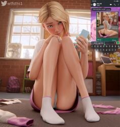 1girls 3d 3d_(artwork) asymmetrical_hair blender blender_(software) blender_cycles blonde_female blonde_hair blue_eyes blue_nail_polish blue_nails blue_panties blush cameltoe clothes_on_ground female female_only gwen_stacy gwen_stacy_(spider-verse) legs light-skinned_female light_skin long_legs marvel marvel_comics multicolored_hair nail_polish petite piercing pink_socks shy shy_girl shy_smile sitting_on_floor skinny skinny_female solo spider-gwen spider-man:_across_the_spider-verse spider-man:_into_the_spider-verse spider-man_(series) superhero superheroine teenage_girl teenager text wet wet_pussy white_socks wtfsths