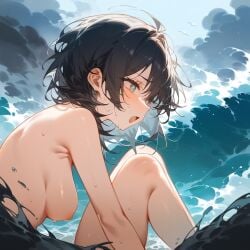 1girls ai_generated black_hair blush breasts female_only female_rover_(wuthering_waves) nipples ocean sitting waves wuthering_waves