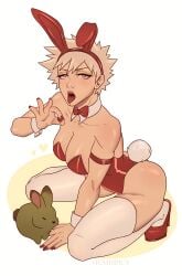 1boy bakugou_katsuki bunny_boy bunny_ears bunnysuit crossdressing eyelashes humispicy katsuki_bakugou lipstick male_chest male_only man_boobs my_hero_academia nails pectorals sissy solo