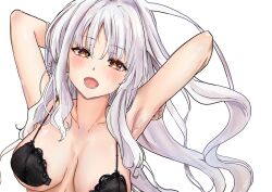 1girls absurd_res absurdres ahshi_(yingchuan_songshu) armpits arms_behind_head arms_up bare_armpits bare_arms bare_chest bare_hands bare_midriff bare_shoulders bare_skin black_bra black_underwear blush blush blush_lines blushing_at_viewer blushing_female bra breasts brown_eyes brown_eyes_female caren_ortensia cleavage collarbone dot_nose elbows eyebrows_visible_through_hair fate/grand_order fate_(series) female female_focus female_only fingers half_naked hands_behind_head high_resolution highres lace_bra lace_underwear laced_bra laced_underwear light-skinned_female light_skin lips long_hair looking_at_viewer medium_breasts naked naked_female nude nude_female open_mouth open_mouth_smile shoulders simple_background slender_body slender_waist slim_girl slim_waist smile smiling smiling_at_viewer solo thin_waist tongue underwear upper_body upper_teeth white_background white_eyebrows white_hair white_hair_female