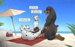 adam_wan beach black_body black_spots brown_body cartoony closed_eyes color colored dalmatian dialogue dialogue_box dobermann doggystyle dogs father_and_daughter fully_nude furry_only gangbang grabbing_from_behind heavy_breathing high high_resolution highres incest looking_at_partner male/female moaning_in_pleasure muscular_male no_humans open_mouth outdoors seaside size_difference straight tongue_out weight_difference white_body zaush